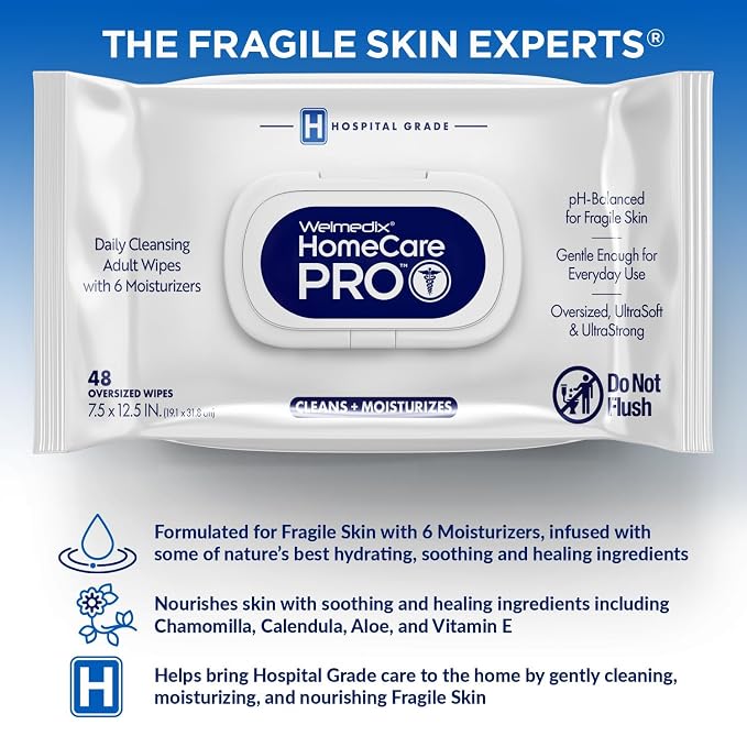 Welmedix Adult Bathing Wipes - Oversized No Rinse Bath Wipes | 6 Moisturizers - Hospital Grade Daily Cleansing Disposable Washcloths for Fragile Skin - XL 7.5” x 12.5” - 48 Count, 12 Pack