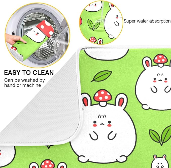 Absorbent Dish Drying Mat for Kitchen Counter - Cartoon Mushroom Rabbit Microfiber Drying Pad, Reversible Drainer Mats for Countertop, Large 18" x 24"