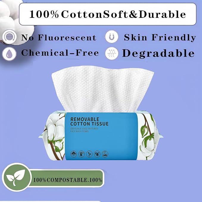 Disposable Face Towel 300 Count, Soft Cotton Clean Skin Face Towels, Dry Wipes Cotton Facial Towels Wash Cloths Tissue Thickened, Face Towelettes Disposable for Makeup Remover, Cleansing and Skincare