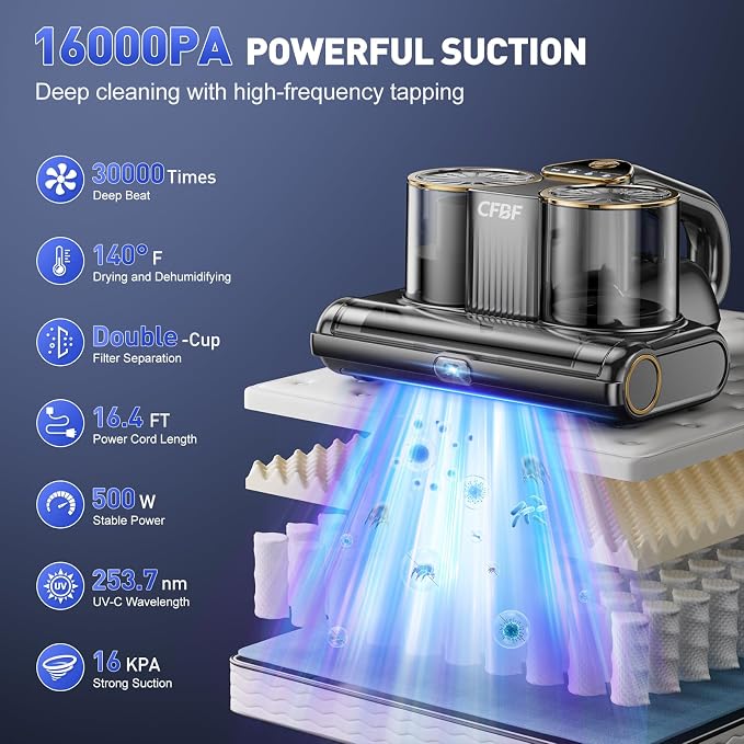 CFBF Mattress Bed Vacuum Cleaner with 16Kpa Suction & 253.7nm UV-C Light | Ultrasonic & High Heating, 500W Powerful Double-Cup Handheld Vacuums for Bed, Sofa, Couch, Crib, 16.4FT Corded