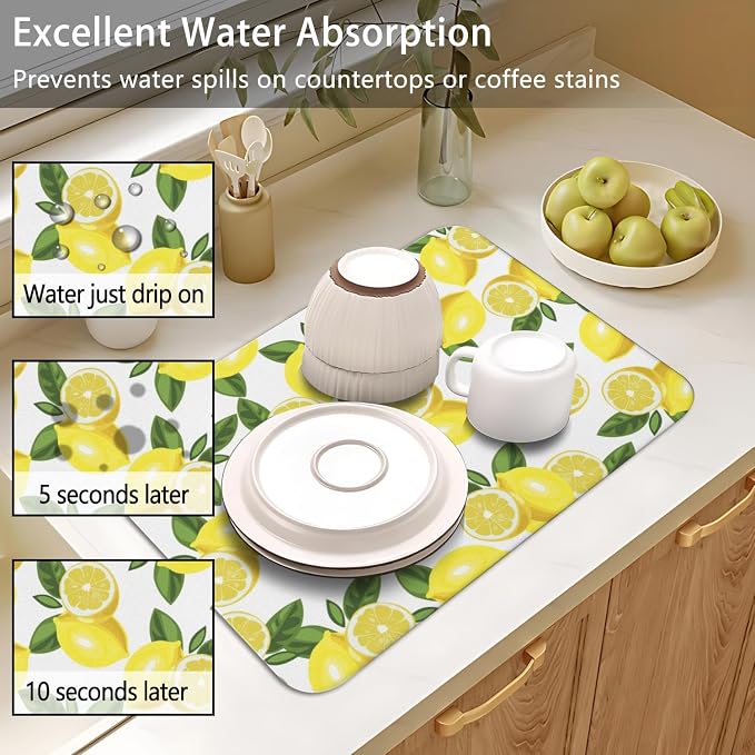Dish Drying Mat 2-Pack in Yellow Lemon for Kitchen Counter Dishes Mat | Diatom Mud Mats (18x24, 19.5x12"). Non-slip rubber back for kitchen counter, coffee bar & sink scenes