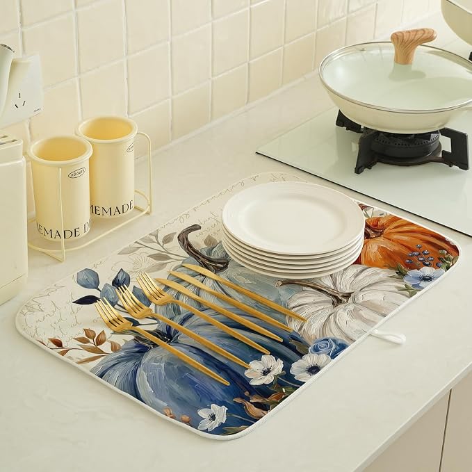 Fall Checkered Dish Drying Mats 18x24 Inch White Orange Blue Pumpkin Drying Mats Holiday Thanksgiving Autumn Outdoor Dish Drying Pad Dish Rack Drainer Mats for Kitchen Dining Room Counter Decor