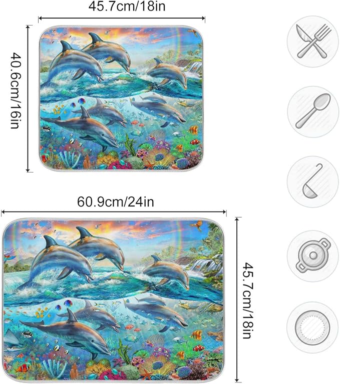 Absorbent Dish Drying Mat for Kitchen Counter - Dolphin Watercolor Summer Microfiber Drying Pad, Reversible Drainer Mats for Countertop, Small 16 x 18 inch