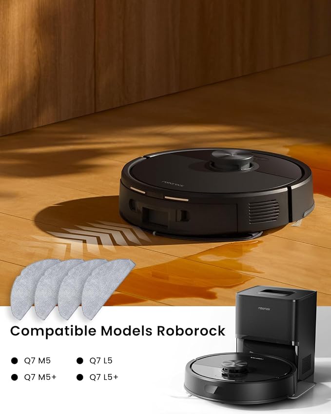 4-Pack Microfiber Mop Cloths for Roborock Q7 M5 / Q7 M5+ / Q7 L5 / Q7 L5+ Robot Vacuum Cleaner – Reusable Washing Mopping Cloths Pad Mop Pad Replacement Accessories for Efficient Floor Cleaning