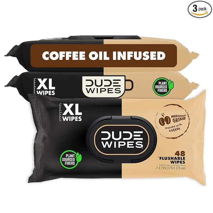 DUDE Wipes Morning Grind Flushable Wipes - Coffee Scented Extra-Large Adult Wet Wipes - 3 Pack (144 Count) - Infused with Coffee Oil, Vitamin E, and Aloe - Septic and Sewer Safe