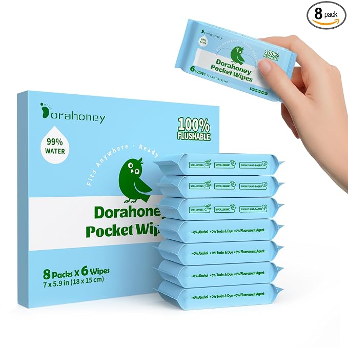 Flushable Wipes Travel Size, 99% Water Mini Wet Wipes for Sensitive Skin, Hypoallergenic & Unscented On The Go Pocket Wipes, 48 Count (8 Packs of 6)