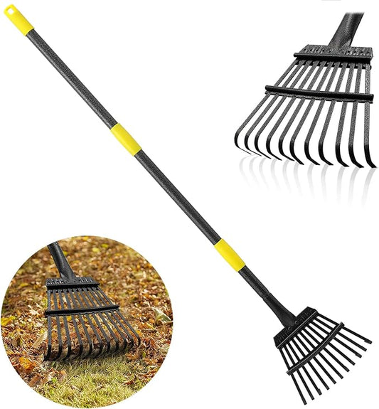 Rake for Leaves, Leaf Garden Rake, Yard Rakes for Lawns Heavy Duty, Metal Tools with 9" Small Narrow Head, 37”-79” Adjustable Long Handle, 11 Steel Tines, Quick Clean up Tool for Shrub, Camping
