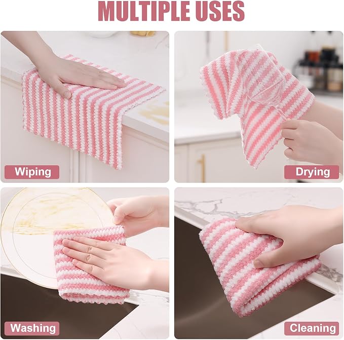 Homaxy 12 Pack Kitchen Dish Cloths, Ultra Soft and Absorbent Dish Towels, Reusable Fast Drying Microfiber Cleaning Cloth, Coral Velvet Wave Design No-lint, 10 x 10 inches, Pink