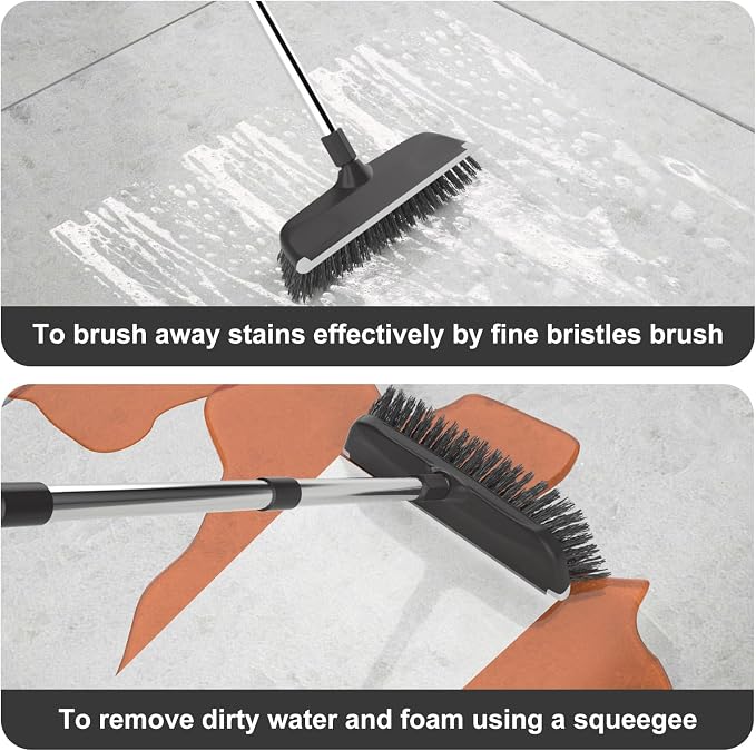 Heavy Duty Floor Scrub Brush with Long Handle, Adjustable Stainless Steel Handle, Stiff Bristles & Rubber Squeegee Scraper, Concrete Floor Scrubber for Cleaning Floor Concrete Deck Hardwood Patio Tile
