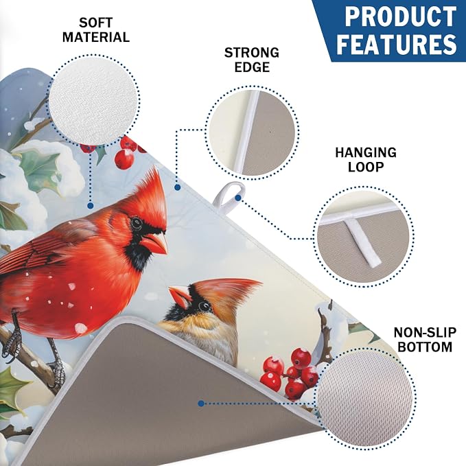 Winter Cardinal Birds Dish Drying Mat, Holly Berry Branches Dish Drying Mat for Kitchen Counter, Red Birds Absorbent Fast Dry Dish Drainer Mat Protector Xmas Microfiber Dish Drying Pad 18x24 Inch