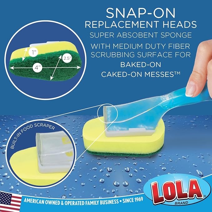 LOLA Dish Brush w/Soap Dispenser Wand, 12 Brushes w/Heads & 72 Refills, Absorbent Sponge Scrubber, No Leaking. Clean Dishes, Sinks and Cookware