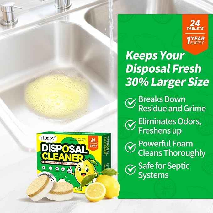 15g Extra Large Garbage Disposal Cleaner & Deodorizer Tablets - 24-Pack Foaming Tablets, Long-Lasting Lemon Scent - Deep Clean Kitchen Sink Disposer,Dissolve Grease & Odors - 1 Year Supply