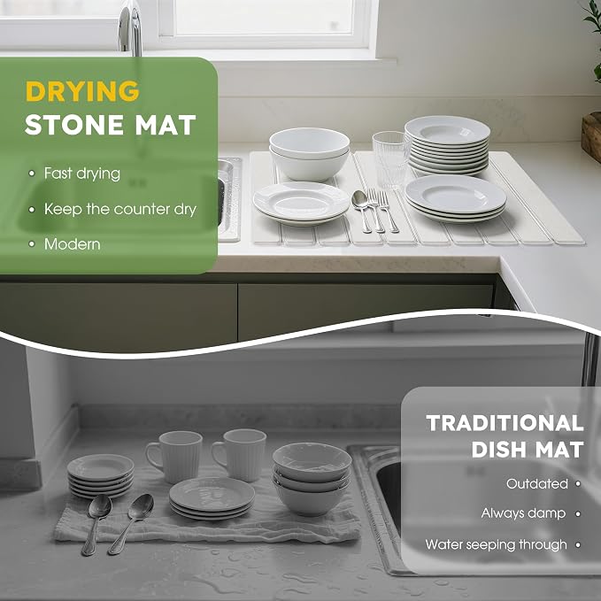 HABUTWAY Large Stone Dish Drying Mat for Kitchen Counter – 24"×16" Collapsible Diatomaceous Earth Mat, Ultra Absorbent & Quick Dry, Foldable Drying Pad for Dishes, Bottles, Cups (White)