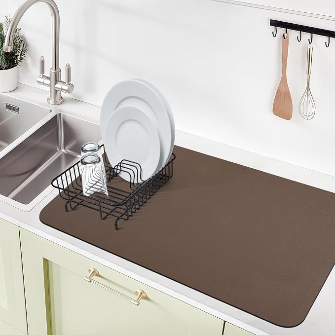 Coffee Mat for Countertop, 17“ x 31.5” Super Absorbent Coffee Bar Mat, Kitchen Counter Mats Fits Under Coffee-Maker, Kitchen Accessories for Espresso Machine Dish Drying Rack, Brown
