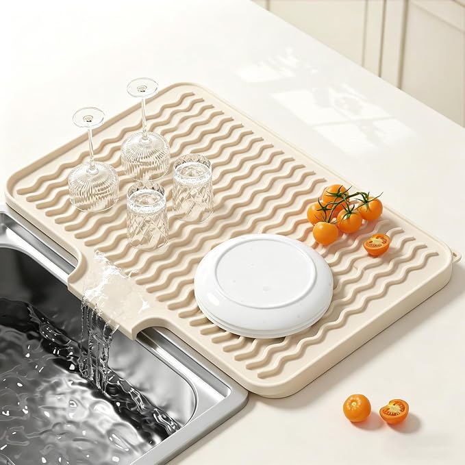 Rnivvi Silicone Dish Drying Mat for Kitchen Counter, 16 x 12" Drainer Pad with Drainage Spout, Non-Slip Countertop Protector Heat Resistant Trivet, Kitchen Decor Mat Sink Drip Pad for Dishes, Beige
