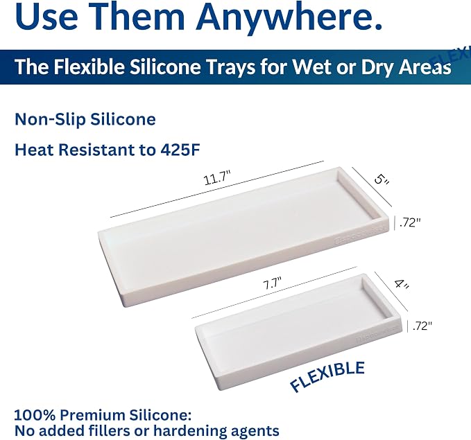 Spacewiser Countertop and Vanity Tray - 2 PC (11” and 7”) Shatterproof Silicone Kitchen and Bathroom Trays for Counter, Kitchen Soap Dispenser Tray, Vanity Trays for Bathroom, Perfume Key Tray