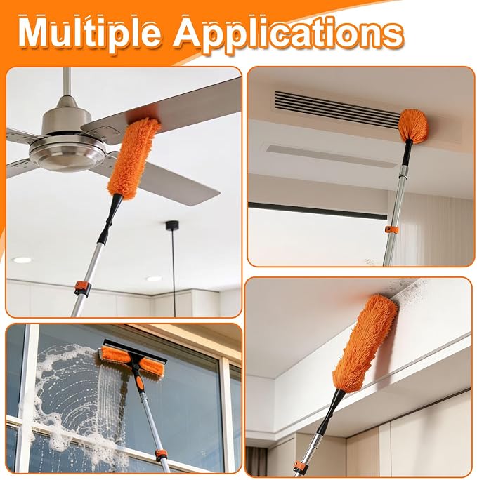 30FT High Reach Duster Kits with Dual Action Flip-Lock & Screw Fixing Design, 5-24FT Extension Pole, Cobweb Duster, Washable Ceiling Fan Cleaner & Window Squeegee for Glass & High Roof