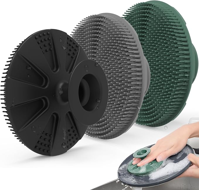 Silicone Dish Scrubber, Non-Scratch Scrub Spong for Washing Dish, Pot, Pan | Kitchen Silicone Sponge, Fruit & Vegetable Cleaning Brush, Reusable Dishwashing Scrubber, Suction Up Hang Designed, 3 Pack