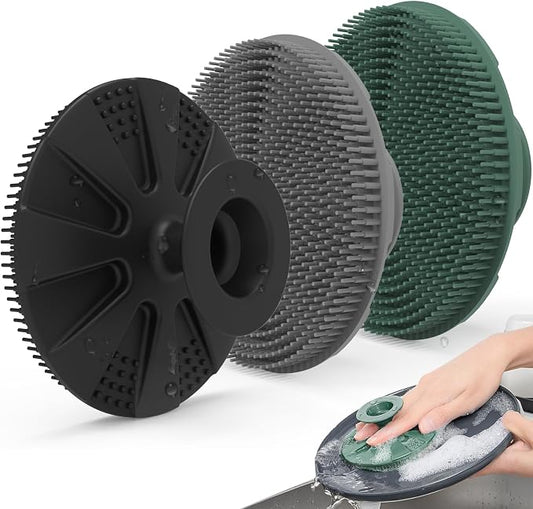 Silicone Dish Scrubber, Non-Scratch Scrub Spong for Washing Dish, Pot, Pan | Kitchen Silicone Sponge, Fruit & Vegetable Cleaning Brush, Reusable Dishwashing Scrubber, Suction Up Hang Designed, 3 Pack