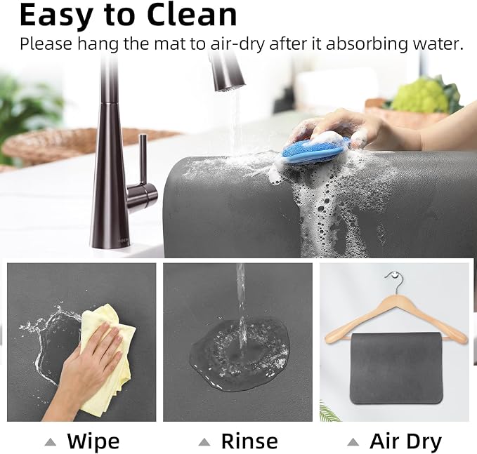 LOPNUR Kitchen Dish Drying Mat, 18"x16" Small Dish Drying Mats for Kitchen Counter, Diatomite Coffee Mat, Super Absorbent Dish Drying Pad, Heat Resistant Mat with Anti-slip Rubber Backed, Grey
