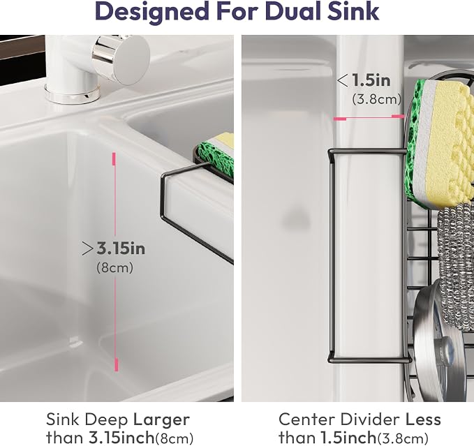 SWTYMIKI Sponge Holder for Kitchen Sink - Movable Kitchen Sink Caddy with M Shape Hook Stainless Steel Hanging Sponges Caddy Organizer in Double Bowl Sinks Depth>3.15in, Middle Divider<1.5in, Black L
