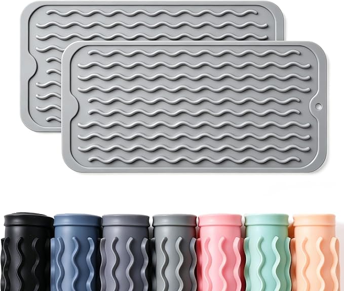 2 Pack Caketime Silicone Dish Drying Mat for Kitchen Counter Bathroom Under Sink Protector Faucet Drip Catcher Absorbent Liner Washer Dryer Countertop Organizer Drain Tray 12"x6" Light Gray