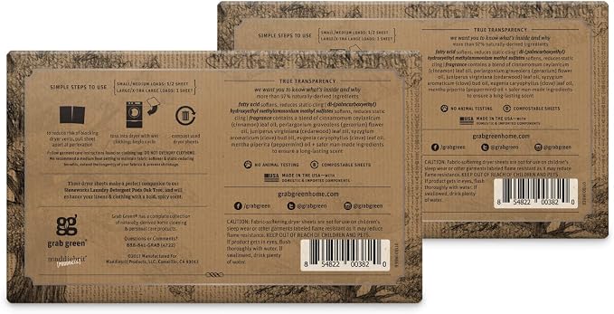 Grab Green Stoneworks Dryer Sheets, 160 Sheets, Birch Branch, Compostable | Softens fabrics; Reduces Static; Cruelty-free; Plant & Mineral Based; No Harsh Chemicals