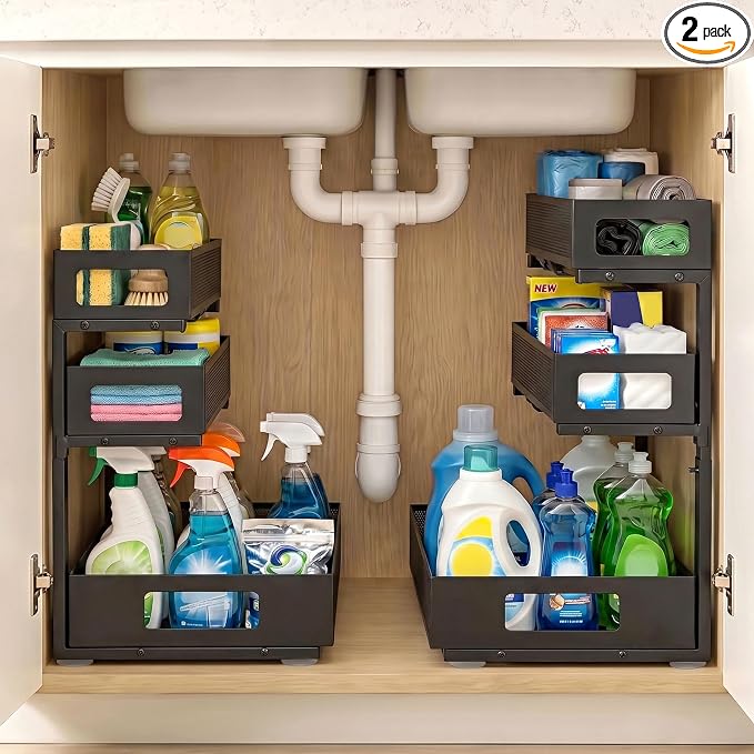 3 Tier Under Sink Organizer,2 Pack Pull Out Cabinet Shelves with Adjustable Height,Heavy Duty Carbon Steel L-Shaped Storage for Kitchen Bathroom Sink,Pantry & Laundry,Black