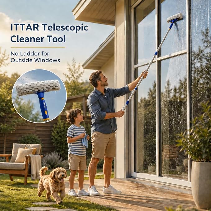 ITTAR Window Squeegee Cleaning Kit with 60" Extension Pole & Rotatable Head | 2 x 11" Microfiber Pads & 12" Rubber Blade Glass Washing Tool for High Window, Shower Doors, Car Windshields; Indoor, Outdoor