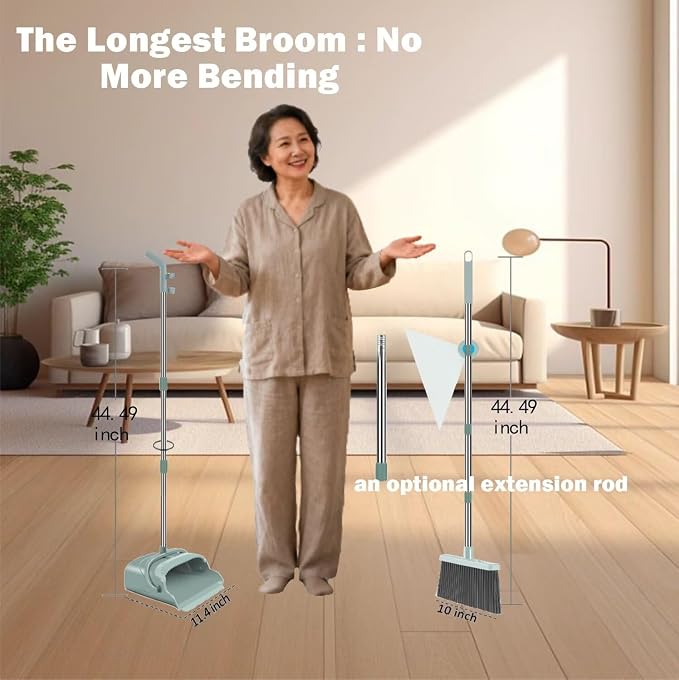 Upgrade Broom and Dustpan Combo Set - 3 Row Bristles & Extended Handles for No Bending, Self-Cleaning Dustpan Teeth, Stand-Up Storage, Indoor & Outdoor Sweeping (Bean Green)