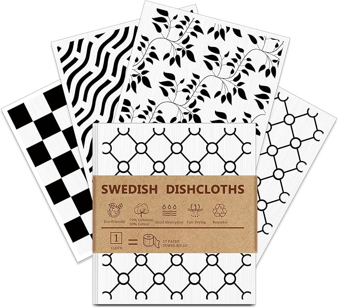 4 PCS Swedish Dishcloths, Geometric Pattern Reusable Kitchen Dish Cloths, Super Absorbent Cellulose Sponge Cloths, Odor Resistant, Dishwasher Safe & Multi-Purpose Cleaning Cloths
