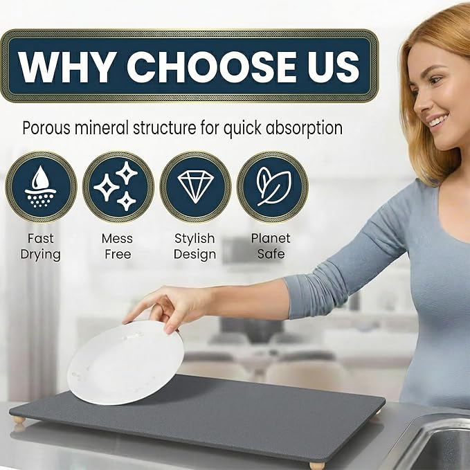Stone Drying Mat for Kitchen Counter with 5 Wooden Feet | 19.7"×15.7" Diatomaceous Earth Dish Drying Mat, Elevated Drying Stone Mat for Modern Kitchen Countertop