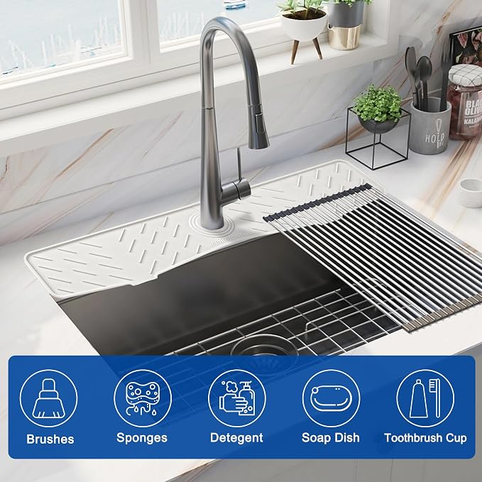 Faucet Mat for Kitchen Sink – 24” x 5.1” Extra-Long Silicone Splash Guard with 10° Slope & Upgraded Drainage – Gen 3 Sink Water Catcher & Sponge Holder for Kitchen, Bathroom (White)
