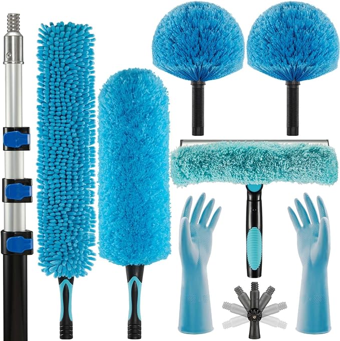 20ft 2 Cobweb Dusters, 12ft Extension Pole, High Ceiling Cleaning Tool | Fan Cleaner , 3-in-1 Window Squeegee Kit, Heavy Duty, Household Cleaning Gloves
