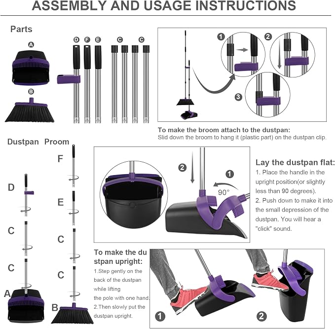 Purple Broom and Dustpan Combo Set, 55" Long Handle Broom | Large Area Outdoor Cleaning, Extended Reach Design, Built-in Comb Dustpan, Foldable Storage for Garage, Patio & Home
