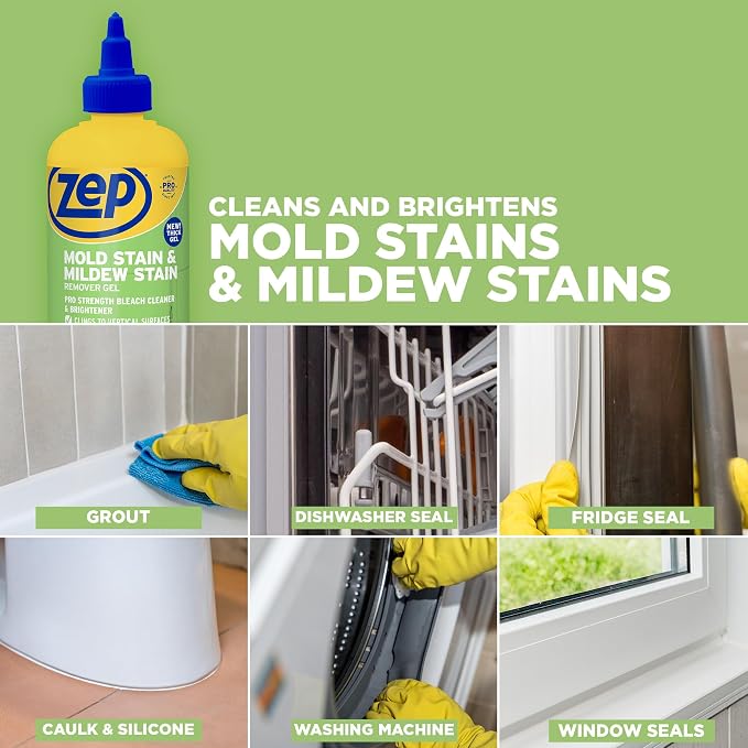 Zep Mold Stain & Mildew Stain Remover, Thick Gel - 8oz (Case of 12) | Cleans tough mold and mildew stains with a thick gel that clings to vertical surfaces for maximum coverage.