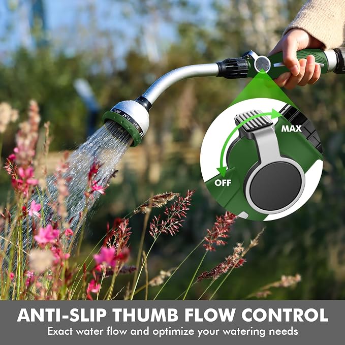 RESTMO Watering Wand Heavy Duty, 15-Inch Long Hose Nozzle Sprayer | 10 Spray Patterns & Thumb Flow Control, Metal Garden Hose Wand for Water Hanging Baskets and Shrubs, Green