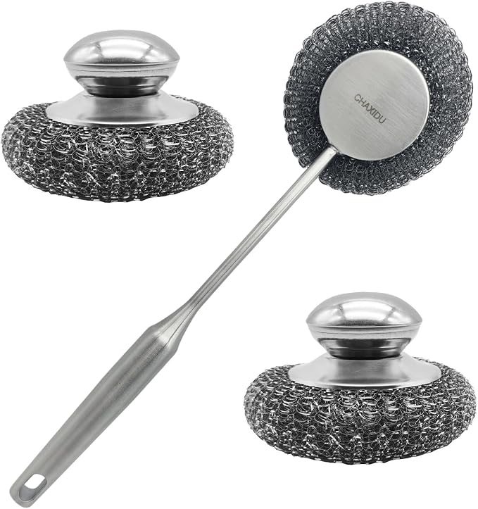 Stainless Steel Wool Scrubber Set, Long HandleBrushes for Pots, Pans, Grills & Cutlery Cleaning (3 Pack)