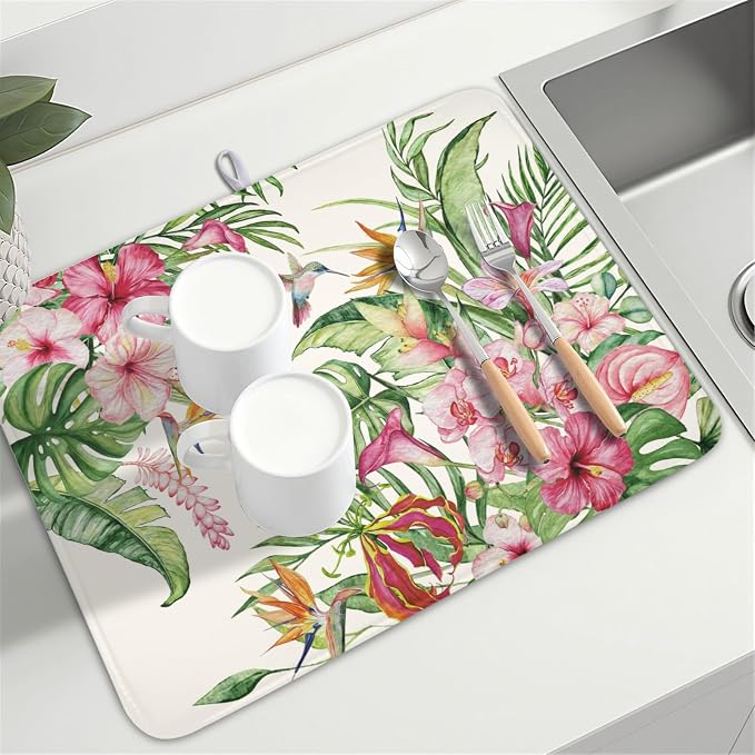 Floral Hibiscus Dish Drying Mat for Kitchen Counter 18x24 Inch | Floral，Polyester，Absorbent Microfiber，for Coffee Dining Bar Decor