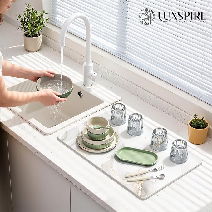 Luxspire Large Stone Drying Mat for Kitchen Counter 24"x16"- Fast-Absorbing Dish Drying Mat Non-Slip Stone Dish Drying Mat for Dishes, Cups Waterproof Counter Protector for Kitchen Bath, Marble Gold