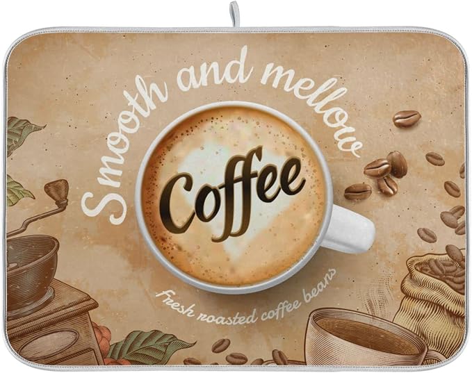 Super Absorbent Dish Drying Mat, Microfiber Fast-Drying Dish Mat, 24" x 18", Kitchen Dish Drying Pad, Coffee Cup Retro Brown