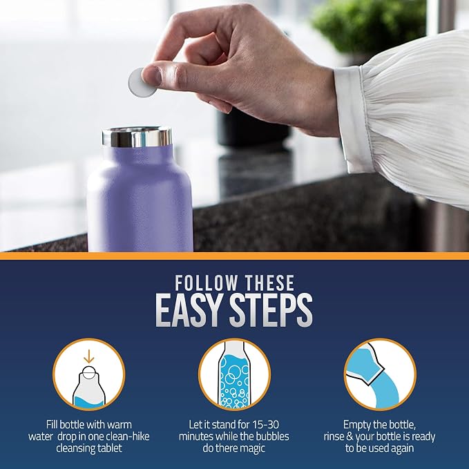 CleanHike Tumbler Water Bottle Cleaning Tablets - All Natural Ingredient, Great for All Stainless, Plastics, Ceramic and Glass Drinking Containers, Individually Packed (30 Count)