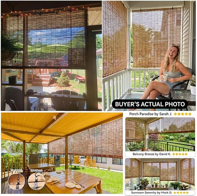 Bamboo Shades for Outdoor Patio Privacy 48" 52" 58" 68" 72" 74" 76" 78" W Light Filtering Bamboo Blinds Outdoor Roll up Shades for Porch Cordless Natural Blackout Bamboo Roller Blinds(26" W x 48" H)