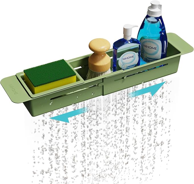 NiHome Extendable Sink Caddy, Small Telescopic Kitchen Brush Holder | Adjustable Sink Organizer for Brush/Sponge with Fast Drainage, Durable ABS, Non-Slip Pads, Expandable Brushes Holder (Green)