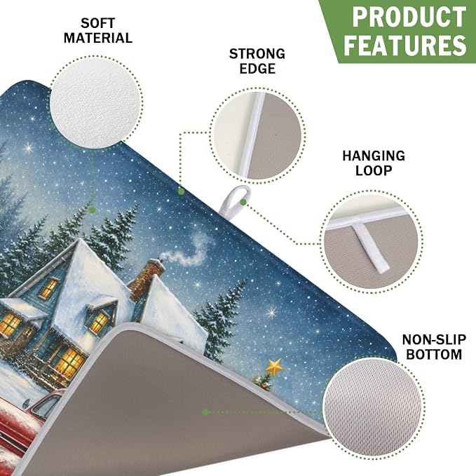Merry Christmas Dish Drying Mat for Kitchen Counter 16x18 Inch Snowman Truck Dish Drainer Mat Absorbent Microfiber Winter Snowflake Dish Rack Pad for Coffee Dining Bar Decor