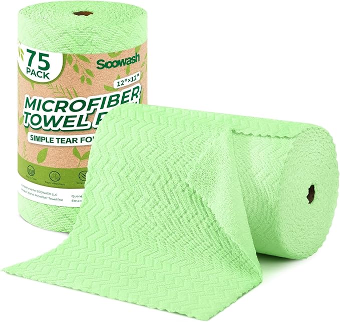 Microfiber Cleaning Cloths Roll, 75 Pack Tear Away Microfiber Towels Roll, 12" x 12" Lint Free Rags, Reusable Cleaning Cloths, Washable, Scratch Free,Ultra Absorbent Dish Rags(Green Ripple)
