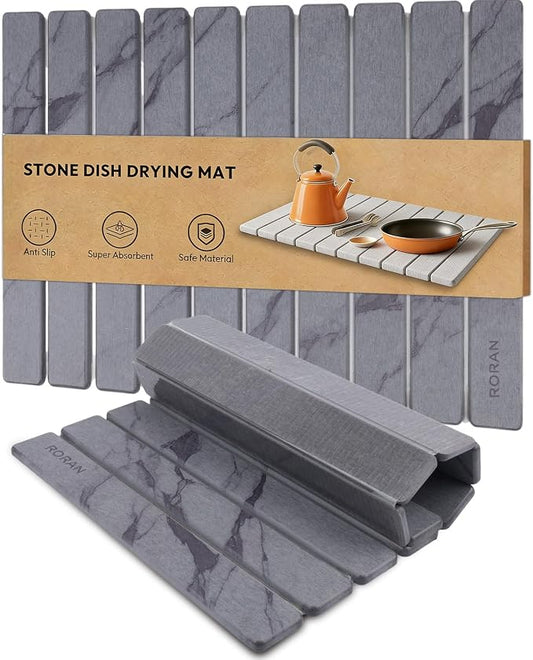 Stone Drying Mat for Kitchen Counter, 24"(L)×16"(W), Drying Matt Kitchen Counter, Quick Dry Stone Dishes Mats, Foldable Diatomaceous Earth Mat (Dark Gray)