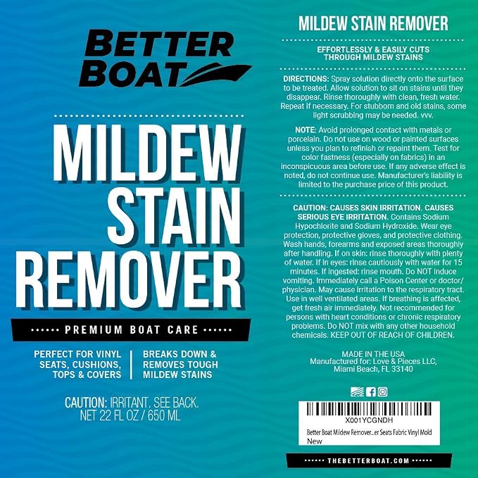 Better Boat Mold and Mildew Stain Remover 22oz Spray for Fabric Vinyl Tile Grout, Removes Mold Stains on Boat Seats Bathroom Shower Patio Furniture Carpet Canvas
