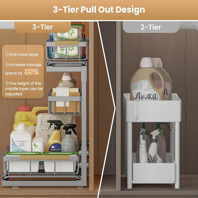 Under Sink Organizer and Storage - 3 Tier Cabinet Pull Out Shelf Organizers | 2 Pack 3 Tier under sink storage for Bathroom and Kitchen Slide Out Drawer Organization for Home Cabinets Shelves and Drawers