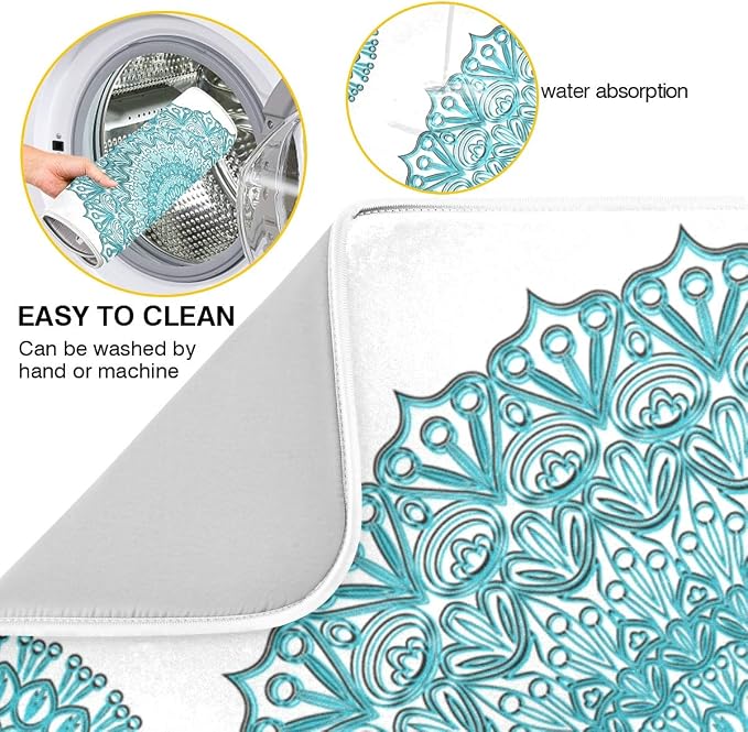 Super Absorbent Dish Drying Mat, Microfiber Fast-Drying Dish Mat, 24" x 18", Kitchen Dish Drying Pad, Boho Ethnic Turquoise Mandala